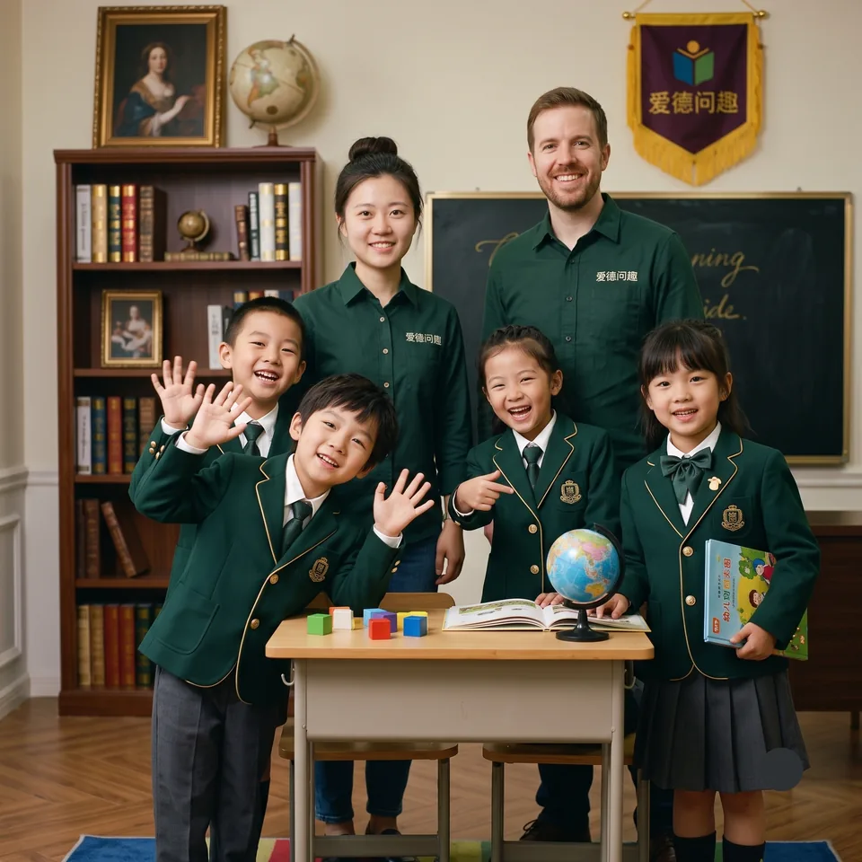 爱德问趣中外教老师与少儿学员在英语教室内合影